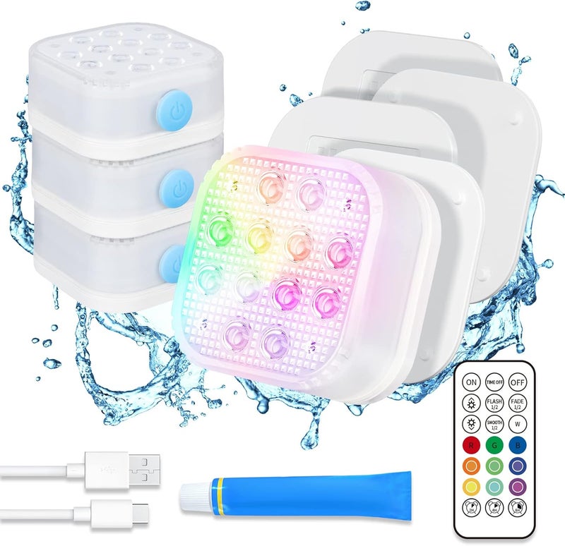 HOMLY Rechargeable Submersible Pool Lights with Remote, Waterproof Underwater Charging Battery Operated Controlled 16 Color Changing LED with Magnet Floating Lights Pool Pond Decoration 4 Pack - Image 1